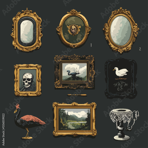 Decorative antique art frames with mirrors, skulls, paintings and birds on display.