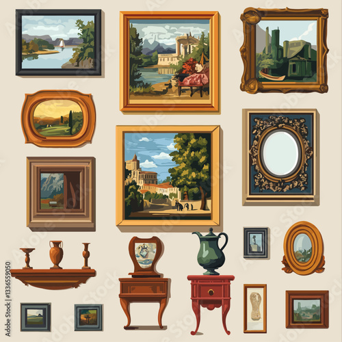 Collection of framed art prints, landscapes, wall decor, illustrations, and vintage styles