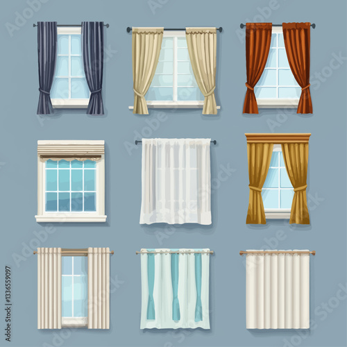 Vector illustration of different window curtains designs on blue backdrop.