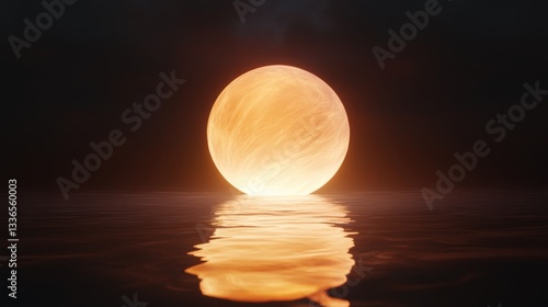 A glowing orb gently floating above a calm ocean at twilight.