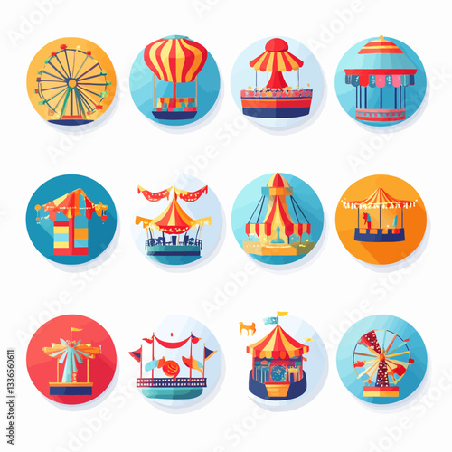 Colorful Amusement Park Ride Icons, Carnival, Festival, Funfair, Flat Design
