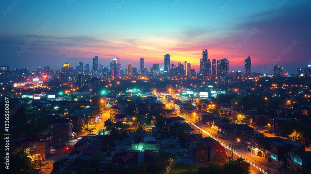 Fototapeta premium Vibrant Cityscape at Sunset Skyline Glows