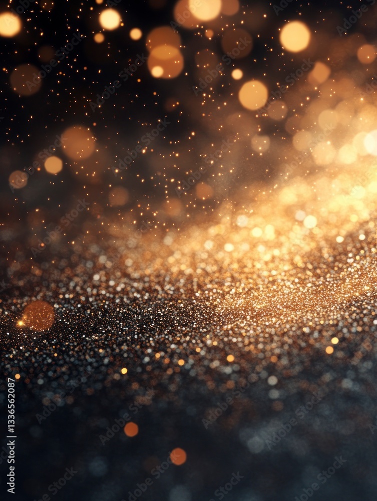 Obraz premium Shining Golden Glitter Sparkles with Bokeh Effect on Dark Background