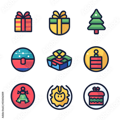 Christmas Icons, Presents and Tree, Festive Season, Flat Design Illustrations
