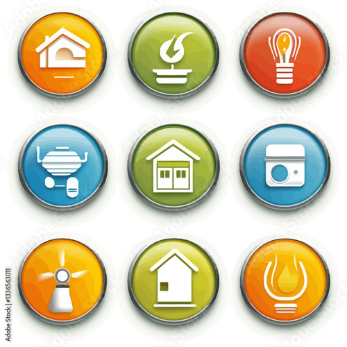 Home and Energy Icons on Colorful Buttons, Sustainable Living Concepts.