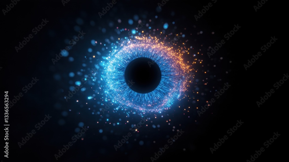 Glowing Cybernetic Eye Surrounded by Radiant Particles in a Futuristic Abstract Representation Glowing Cybernetic Eye Surrounded by Radiant Particles in a Futuristic Abstract Representation