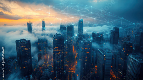 Wallpaper Mural stunning cityscape at dusk, showcasing skyscrapers emerging from blanket of clouds, illuminated by city lights. digital network overlay symbolizes connectivity and technology Torontodigital.ca