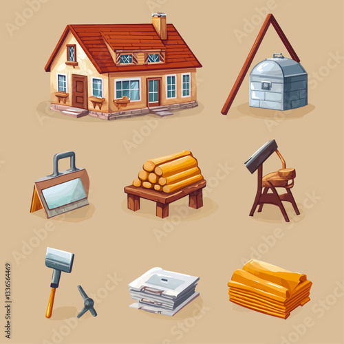 Cartoon House and Various Construction Tools Illustration