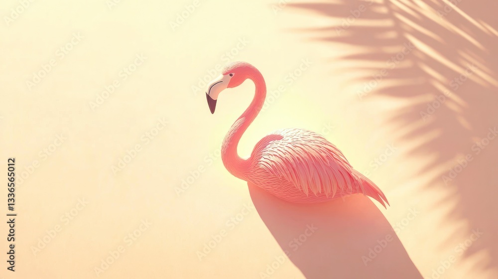 Fototapeta premium Pink flamingo figurine on pastel background with palm shadow.