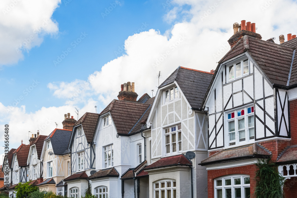 Row of English terraced houses in mock Tudor style in Crouch End, London, England Row of English terraced houses in mock Tudor style in Crouch End, London, England