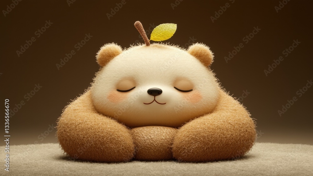 Fototapeta premium Cute Round Plush Bear Cub Resting Peacefully With Leaf Decor and Soft Glow