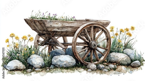 Fototapeta Naklejka Na Ścianę i Meble -  Rustic wooden cart with flowers and rocks.