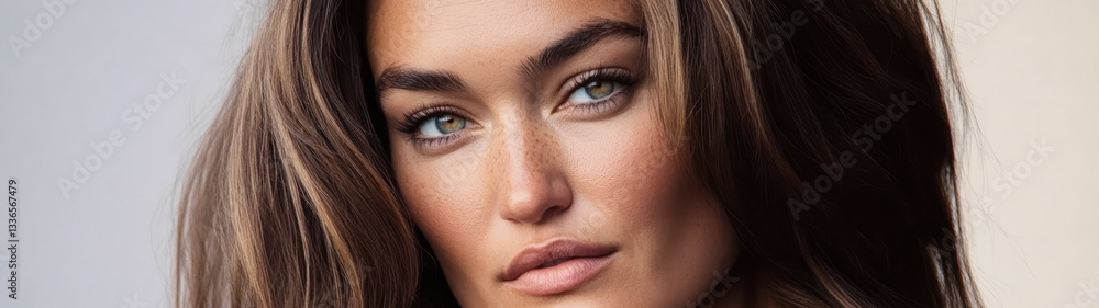 Fototapeta premium Beautiful woman with striking features posing against a neutral background in bright light