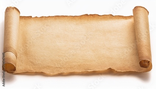 Blank sheet of aged parchment paper or scroll with soft curled edges. Vintage texture isolated on a white background.

