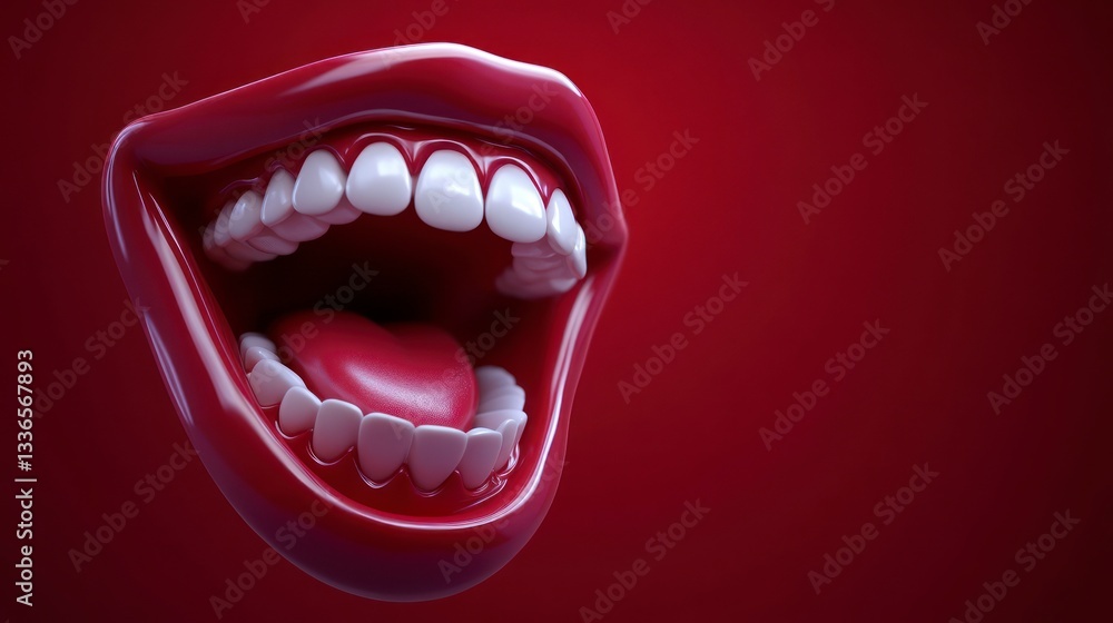 Naklejka premium Open Mouth Smiling with White Teeth on Dark Red Background