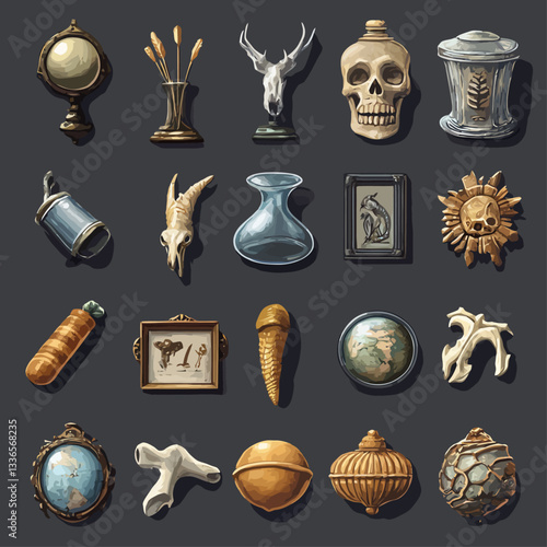 Antique Collection of Ornate Objects and Skulls on Dark Background