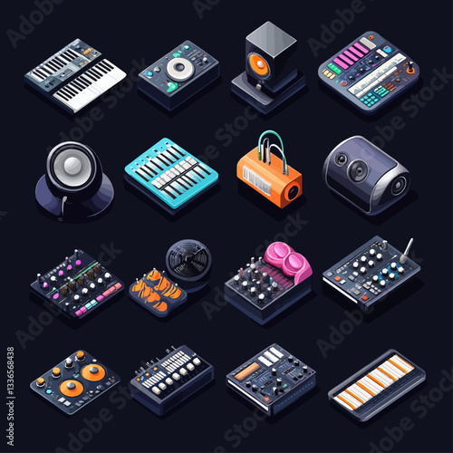 Isometric Illustrations of Music Studio Equipment on Dark Background