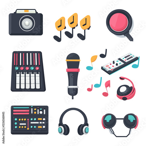 Music Production Equipment Illustration, Microphone, Headphones, Sound Mixer.