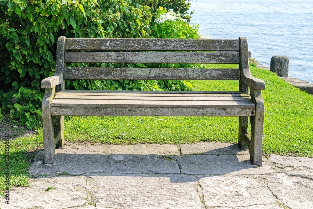 Aged wooden park bench by the water. Tranquil seaside seating area Aged wooden park bench by the water. Tranquil seaside seating area