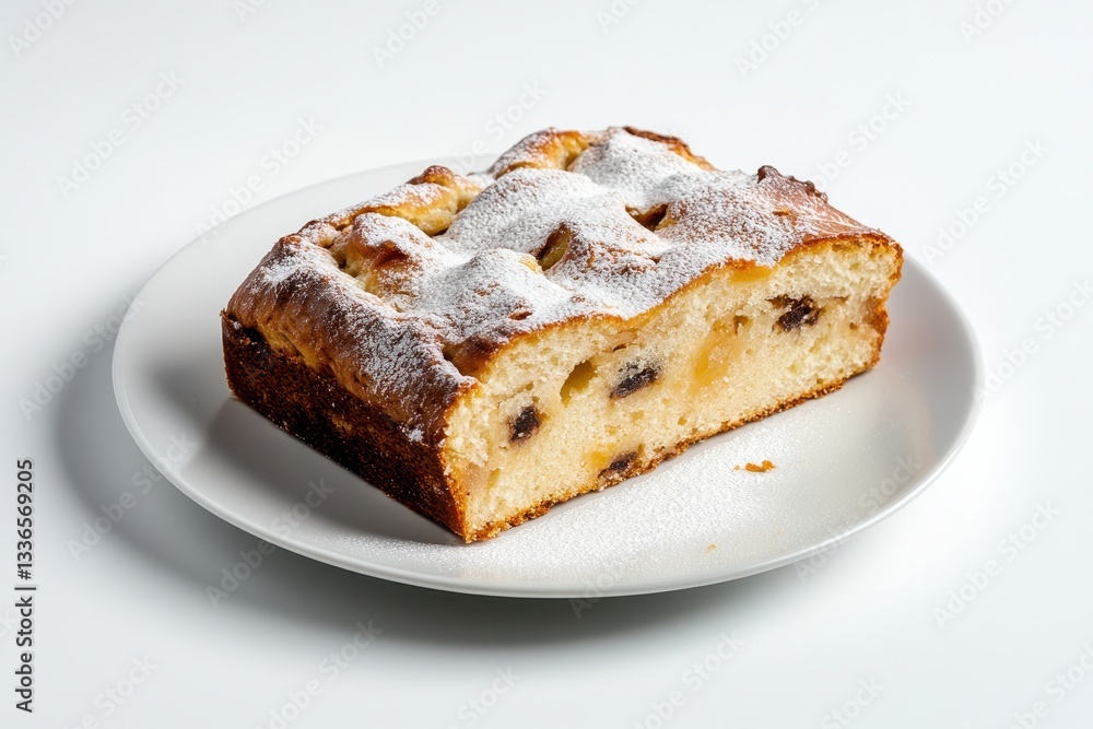 Freshly Baked Cake with Powdered Sugar on a White Plate in Bright Light Setting Freshly Baked Cake with Powdered Sugar on a White Plate in Bright Light Setting