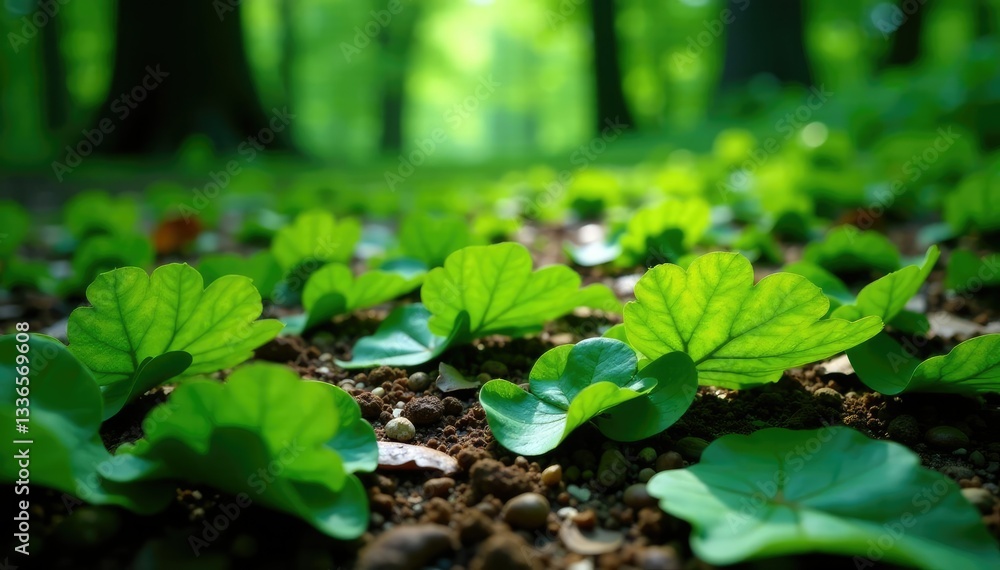 Green leaf fragments scattered on forest floor, foliage, forest Green leaf fragments scattered on forest floor, foliage, forest