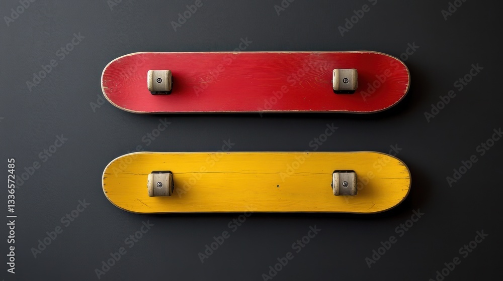 Red and yellow skateboards, wall mount, dark background, sport equipment Red and yellow skateboards, wall mount, dark background, sport equipment