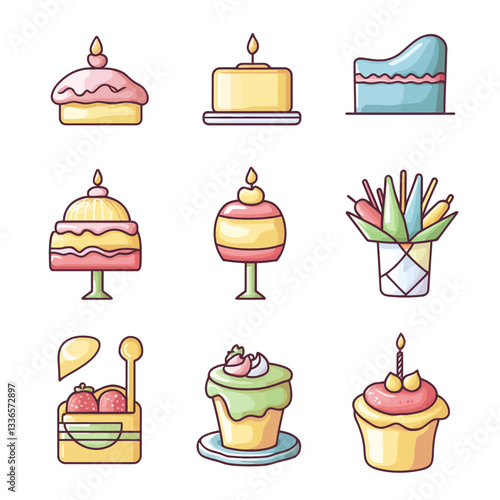 Colorful stylized cakes and desserts, birthday party, vector illustration.