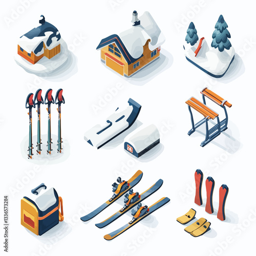 Isometric Winter Sports Gear Collection: Skiing, Snowboarding, and Lodge Icons