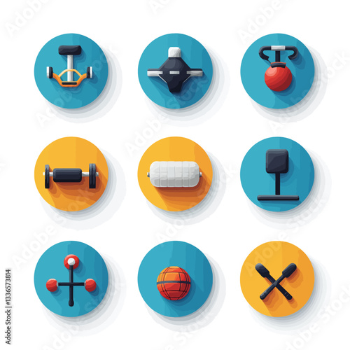 Fitness Equipment Icons with Shadow in Vibrant Blue and Orange Circles