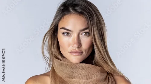 Obraz Model with natural makeup and scarf poses against a plain background in a studio setting