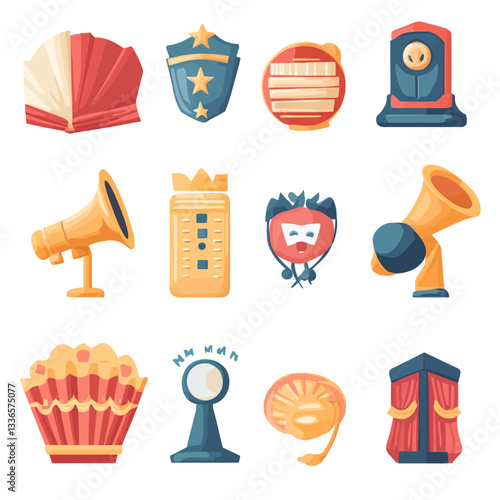 Set of cartoon illustrations of creative and theatrical elements