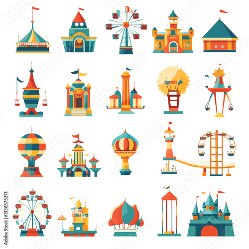 Colorful Amusement Park Ride Illustrations on White Background