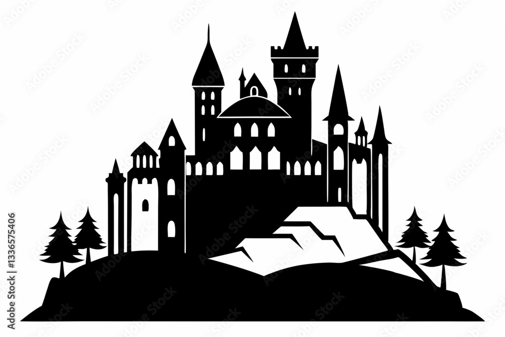 Obraz premium large castle minimalistic line art silhouette vector illustration