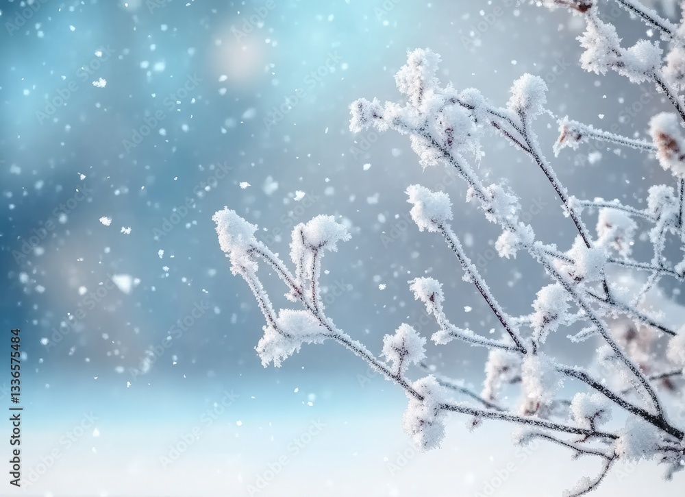Snow falling on frozen branches in winter wonderland Snow falling on frozen branches in winter wonderland