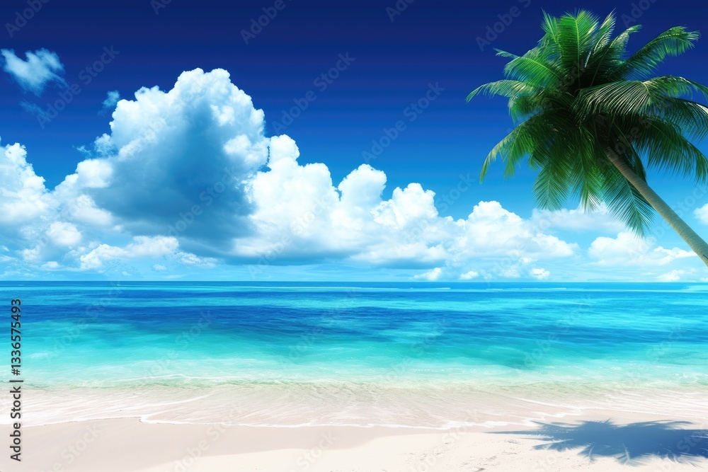 Fototapeta premium A beautiful beach scene with clear blue sky and palm tree