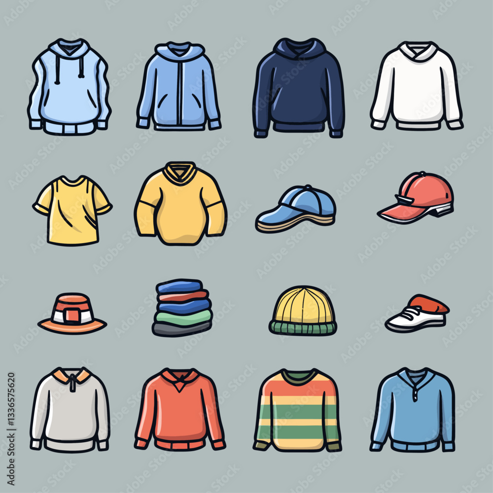 Cartoon clothing and accessories. Illustration of various casual wear items