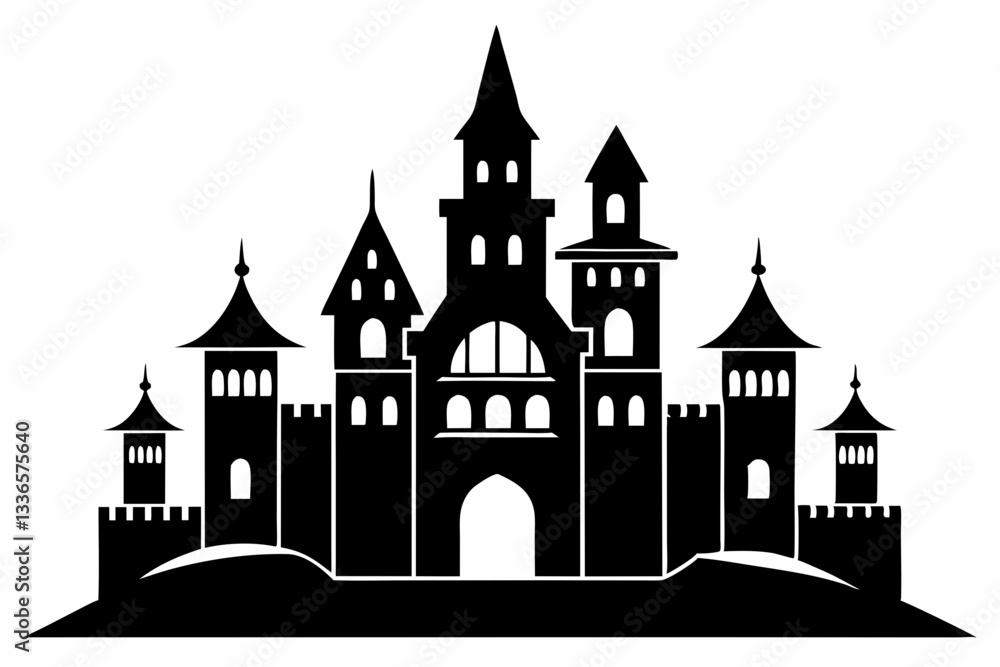 Obraz premium large castle minimalistic line art silhouette vector illustration