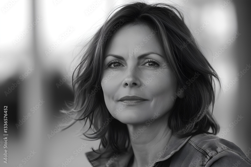 Obraz premium A black and white portrait of a middle aged woman with shoulder length brown hair