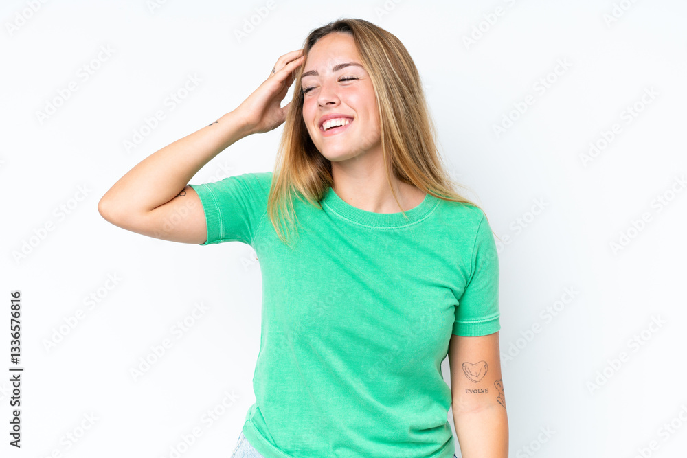 Young caucasian woman isolated on white background smiling a lot Young caucasian woman isolated on white background smiling a lot