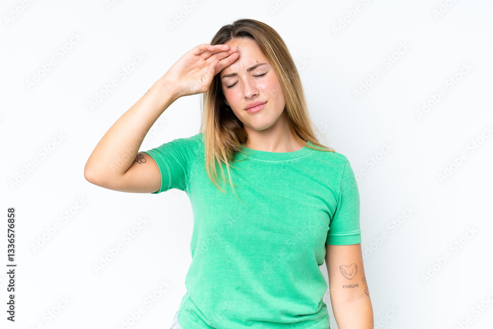 Young caucasian woman isolated on white background with tired and sick expression Young caucasian woman isolated on white background with tired and sick expression