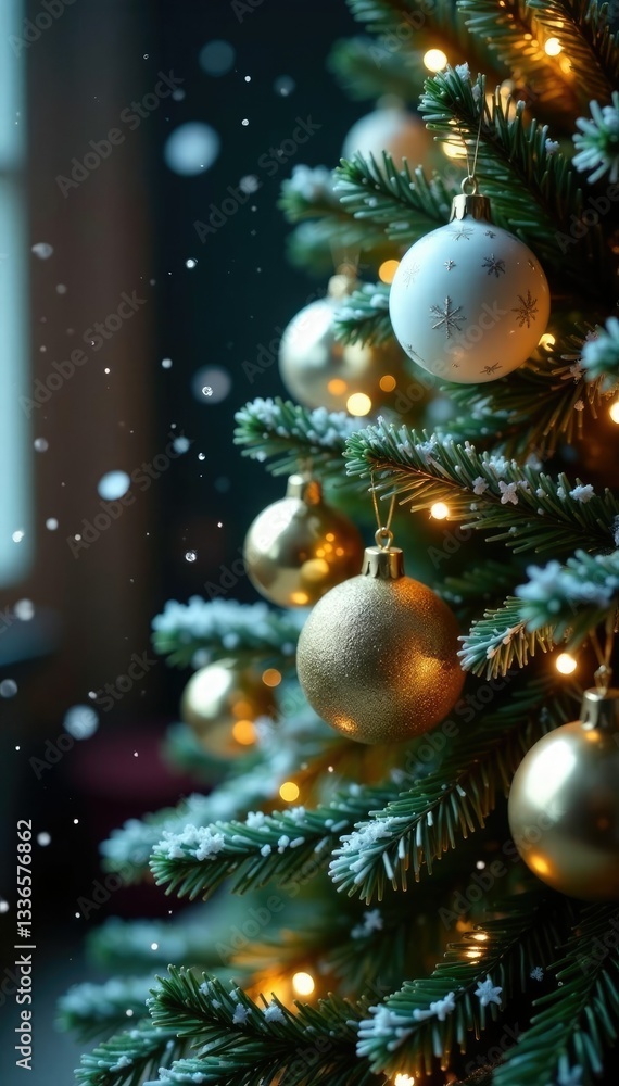 Snowflakes gently fall on a Christmas tree adorned with white and gold ornaments, tree, twinkling Snowflakes gently fall on a Christmas tree adorned with white and gold ornaments, tree, twinkling