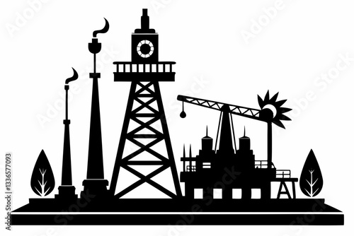 oil rig line art silhouette vector illustration