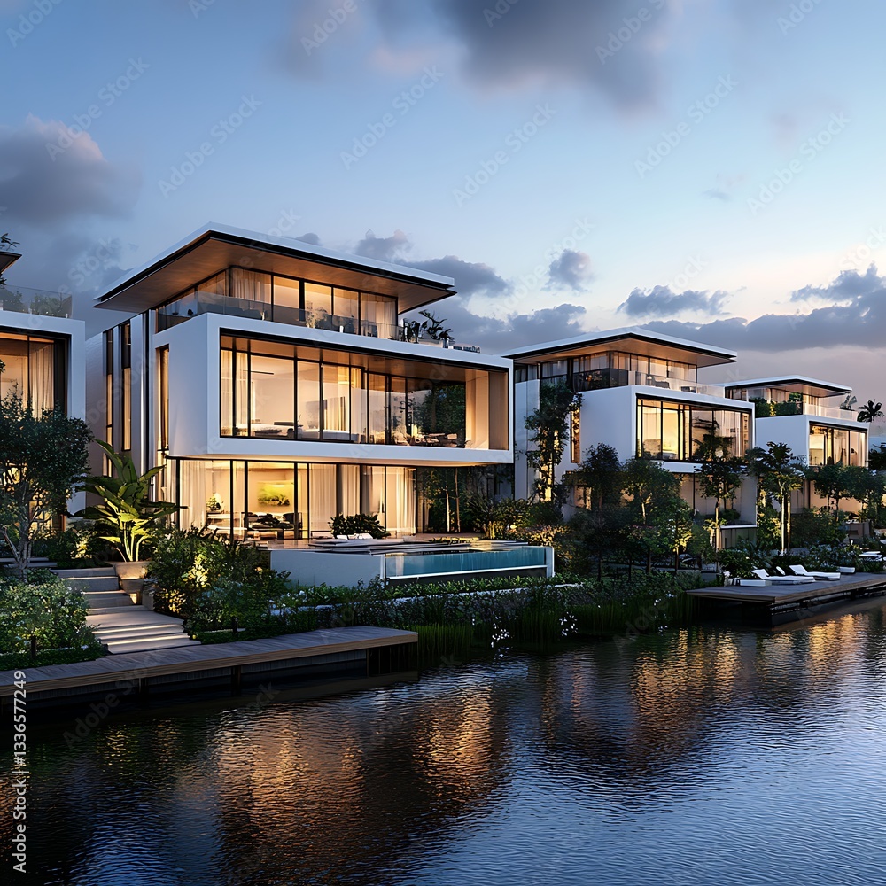 Obraz premium Modern luxury house with glass facades and waterfront location high resolution picture