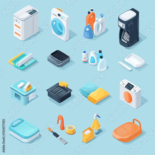 Isometric laundry and cleaning icons on blue background, household tools