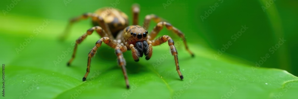 Spider's long jaws grasping onto a banana leaf, closeup, banana leaf, nature Spider's long jaws grasping onto a banana leaf, closeup, banana leaf, nature