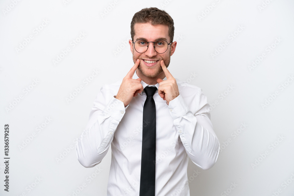Young business caucasian man isolated on white background smiling with a happy and pleasant expression Young business caucasian man isolated on white background smiling with a happy and pleasant expression