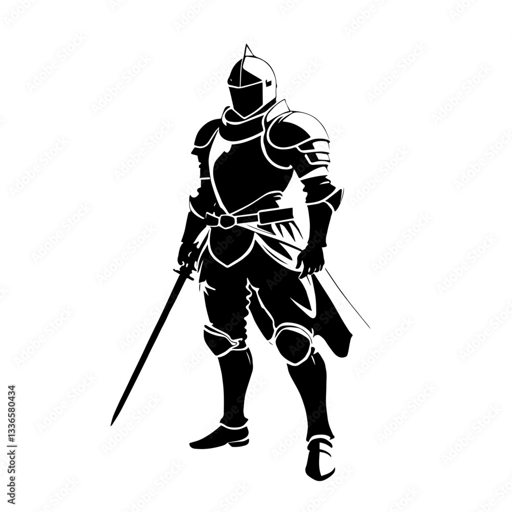 Black and White illustration of a Knight in full armor standing confidently with sword ready for action in a medieval setting Black and White illustration of a Knight in full armor standing confidently with sword ready for action in a medieval setting