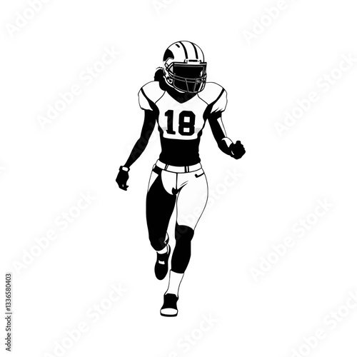 Black and White illustration of a Dynamic football player in action during a game showcasing athletic talent and teamwork