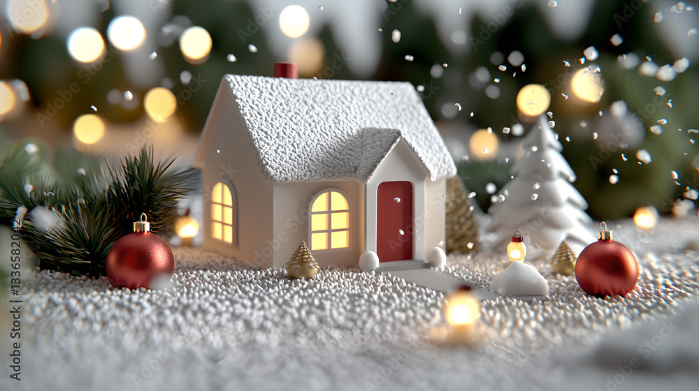 A charming, festive scene depicting a small, snow-covered cottage with warm indoor lighting, nestled amidst miniature Christmas trees and decorations. A charming, festive scene depicting a small, snow-covered cottage with warm indoor lighting, nestled amidst miniature Christmas trees and decorations.