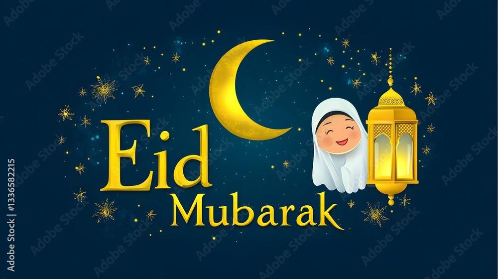 Naklejka premium Cute Eid Mubarak Vector Illustration: Moon, Stars, Golden Lantern, Smiling Girl in White Hijab and Gold Dress Holding Yellow Lamp on Dark Blue Background for Banner or Greeting Card Template